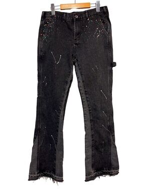 FASHION NOVA BLACK ICON Paint Splatter Flare Carpenter Jeans 34